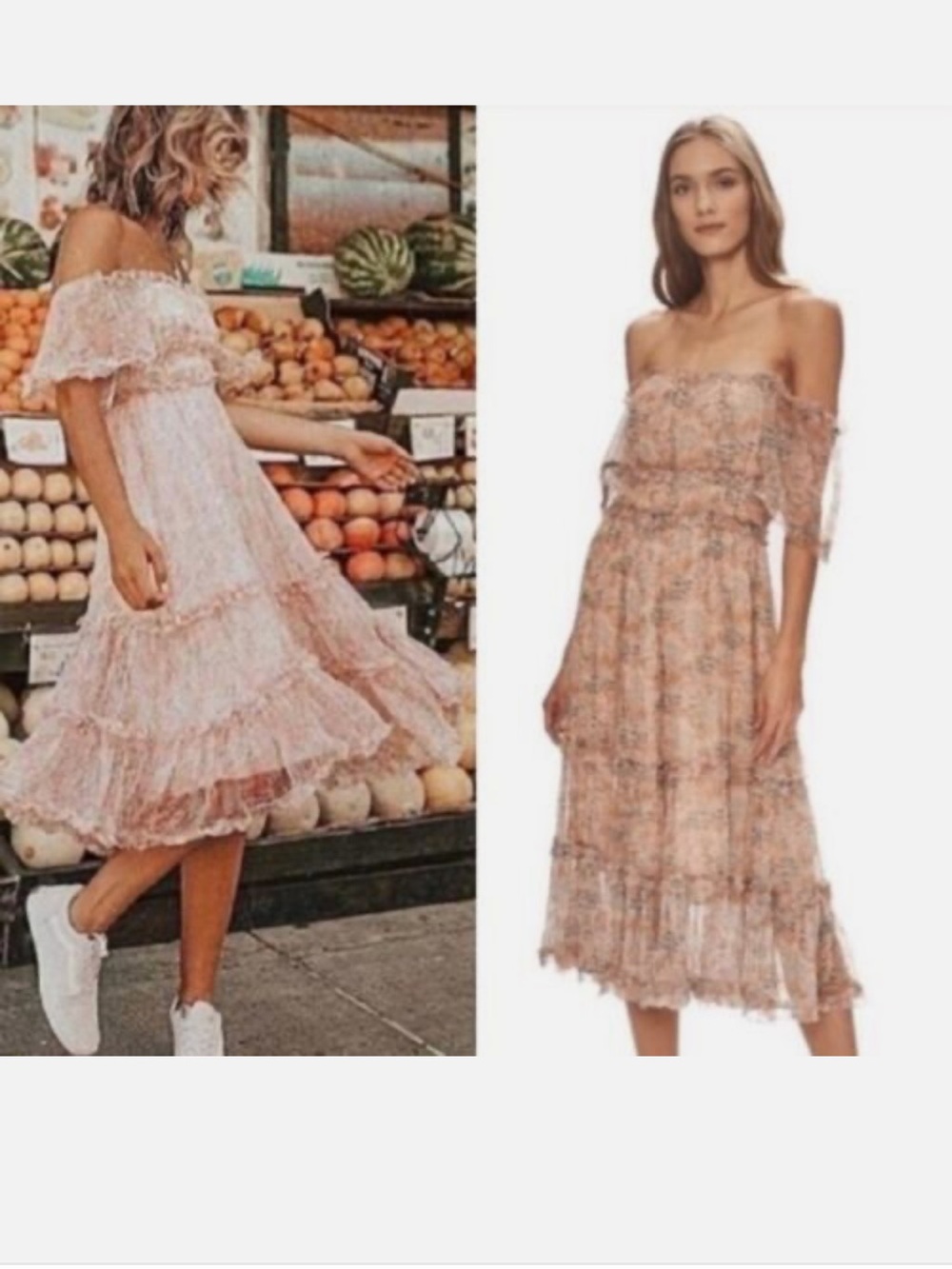 Off-Shoulder Floral Midi Dress in Blush Pink
